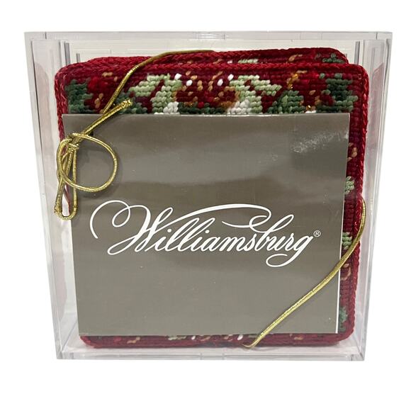 Williamsburg Needlepoint Coasters Set of 4 Christmas Holiday Joy Red Green White - Picture 2 of 5